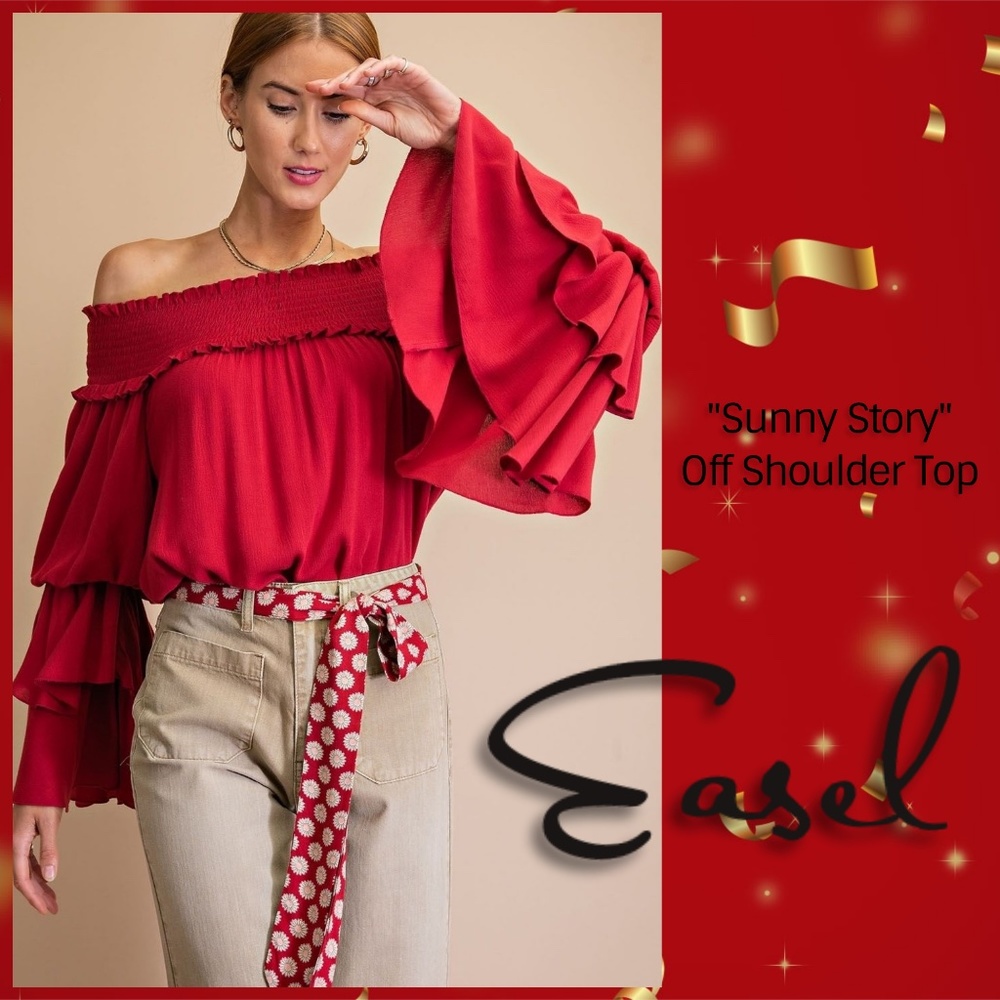 EASEL “Sunny Story” Smocked Off Shoulder Triple Tiered Ruffled Long Sleeved Top